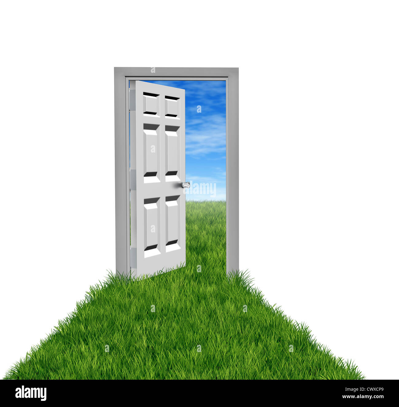Neue Möglichkeiten als Ziele und Wünsche mit weißem Hintergrund und Tür mit einer Wiese und eine offene Tür Eingang, suc Stockfoto