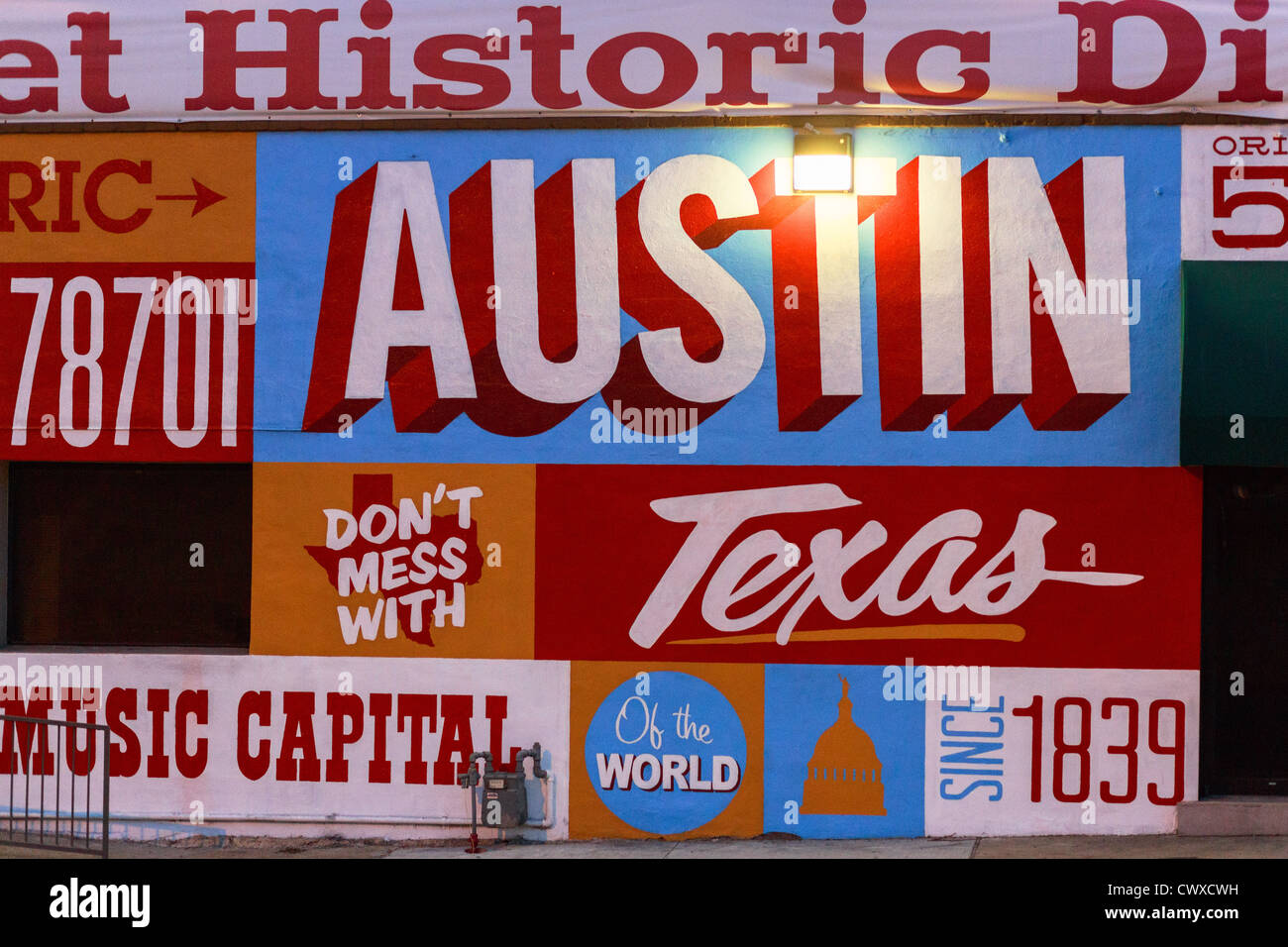 Austin, Texas historischen Distric zu unterzeichnen, in der Innenstadt von Austin an der 6th street Stockfoto