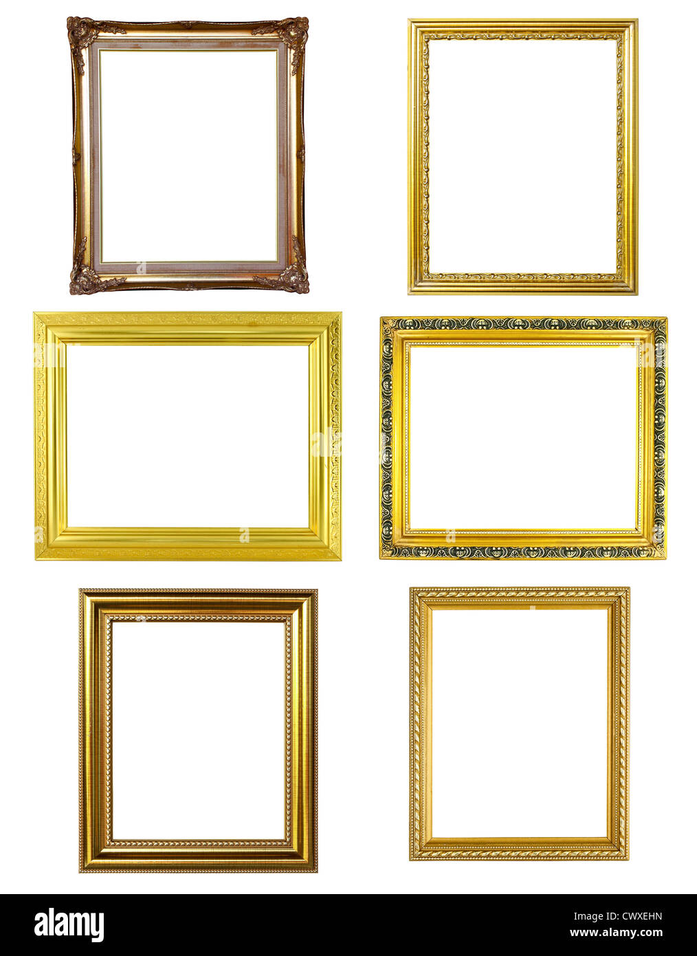 Bild 6 Goldrahmen auf weißem Hintergrund Stockfoto