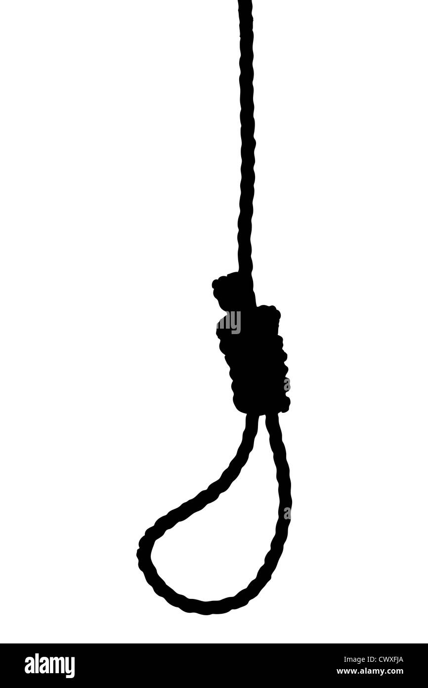 Eine Silhouette eine hängende Schlinge isoliert auf weißem Hintergrund Stockfoto
