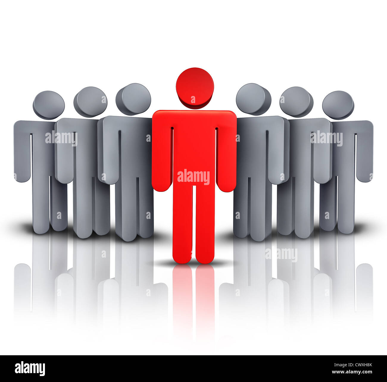 Nehmen Sie kostenlos und Sozialunternehmen Finanzsymbol mit einem führenden roten menschlichen Charakter Management Beratung und Leitung eines Teams von Anhängern zu einem Weg des Erfolgs und finanziellen Wohlstand auf einem weißen Hintergrund. Stockfoto