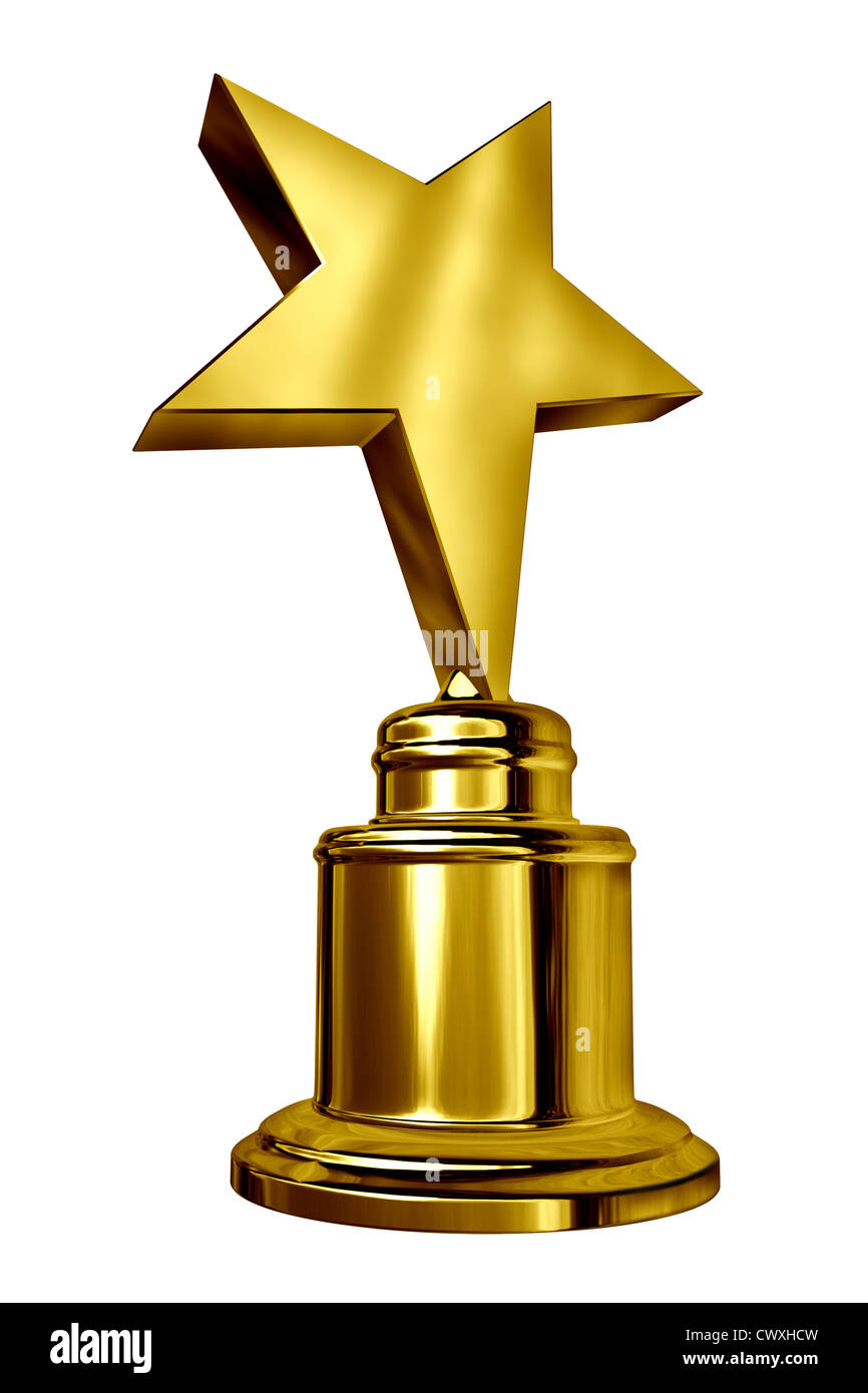 Gold Star Award auf eine leere Metall Trophäe isoliert auf weiss repräsentieren einen goldenen ersten Platz Preis als ein Symbol für Erfolg und Leistung von Sport oder Unterhaltung Errungenschaft. Stockfoto