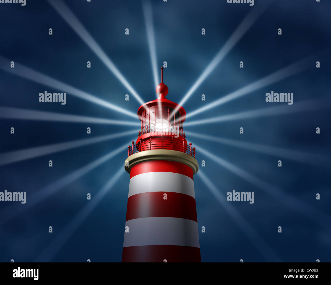 Suche nach Antworten und Business-Lösungen durch die Suche in alle Richtungen, Licht auf neue Wege zu Chancen und Erfolg mit einem Leuchtturm-Suchscheinwerfer-Symbol auf einem erleuchten den Nachthimmel. Stockfoto