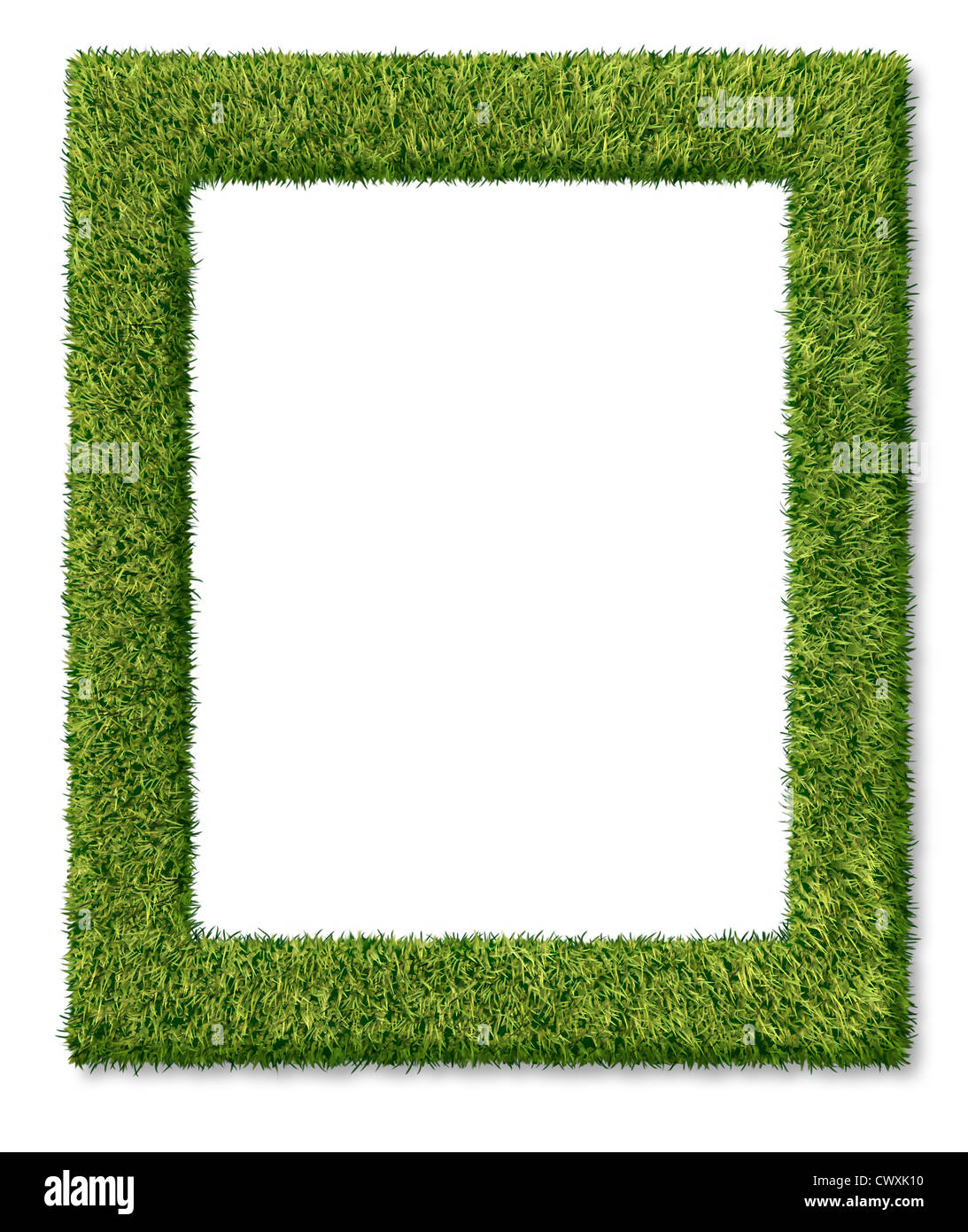 Grass-Frame oder grünen Rasen verfilzt als dreidimensionale dekorative Ikone von Natur und Umwelt als ein Golf Konzept oder im Sommer im Garten mit einem leer leere Mitte-Bereich auf einem weißen Hintergrund. Stockfoto