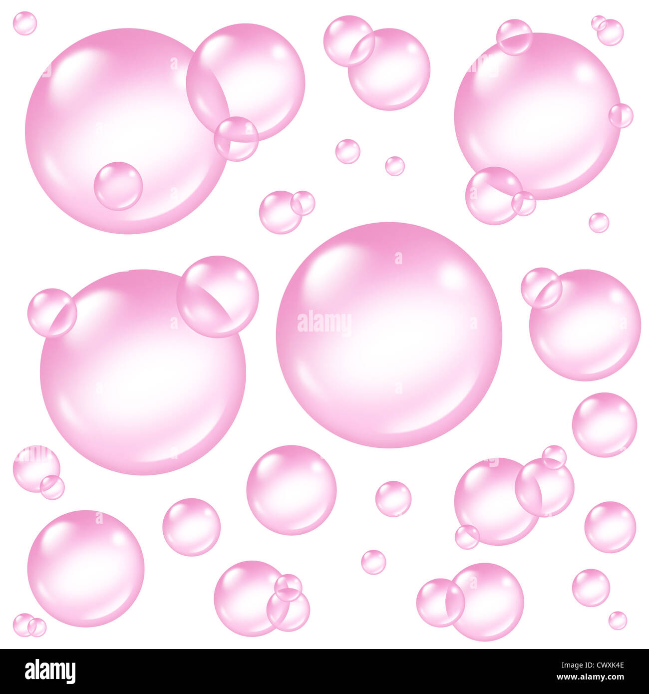 Pink Bubbles design-Elemente als isolierte Kugeln und zarten transparenten zierliche Seife Sud Blase Komposition mit Seifenlauge in vielen kreisförmigen Größen als frische Wäsche sauber rosa Symbole schwimmende. Stockfoto