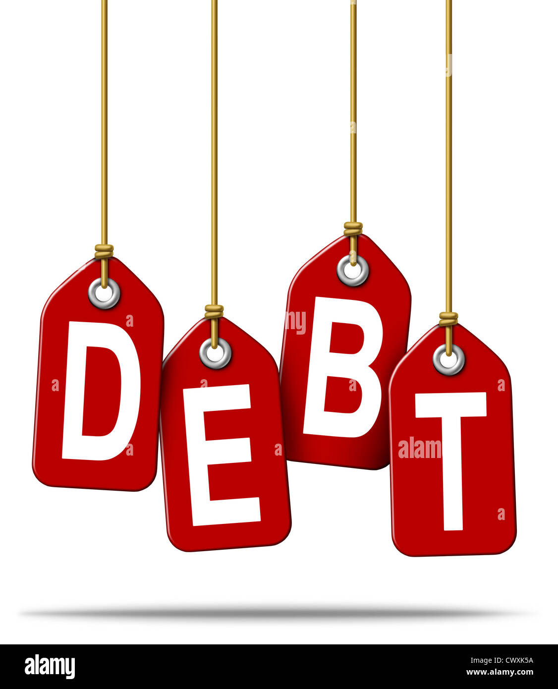 Finanzielle Schulden Geld Probleme Konzept und über Ausgaben mit Kreditkarten und Kreditaufnahme Institutionen ergibt sich in Konkurs und Verlust mit roten Preisschilder hängen nach unten mit Zeichenfolgen auf einem weißen Hintergrund. Stockfoto