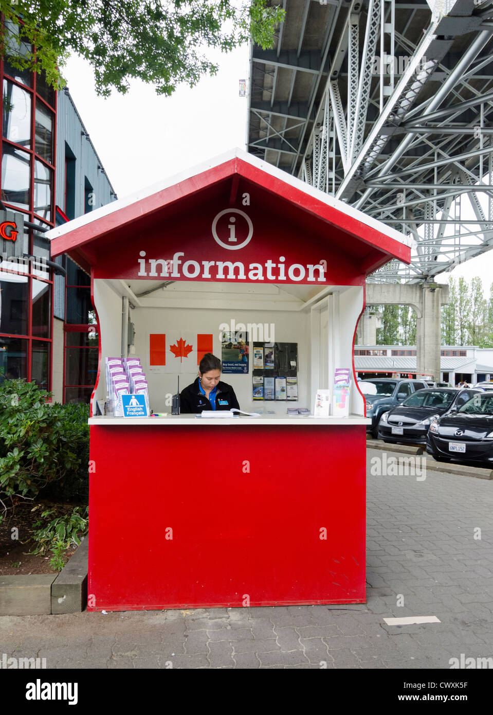 Touristische Informationen stand, Granville Island, Vancouver, Britisch-Kolumbien, Kanada Stockfoto