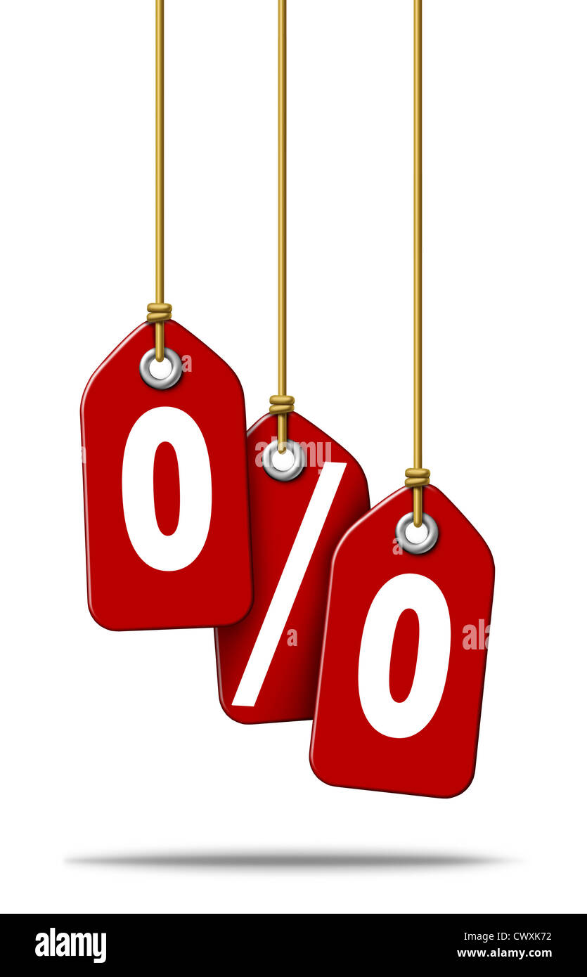 Prozentuale Preisschild Verkauf mit drei roten Tags repräsentieren die Text-Symbole für einen besonders niedrigen Prozentsatz gegenüber dem regulären Preis als Symbol der Schulden Finanzierung oder Geld für Ihren Einkauf im Einzelhandel auf einem weißen Hintergrund zu sparen. Stockfoto