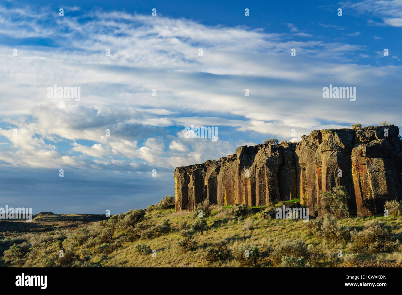 Basaltsäulen im Bereich Schlaglöcher des Columbia National Wildlife Refuge, Washington. Stockfoto