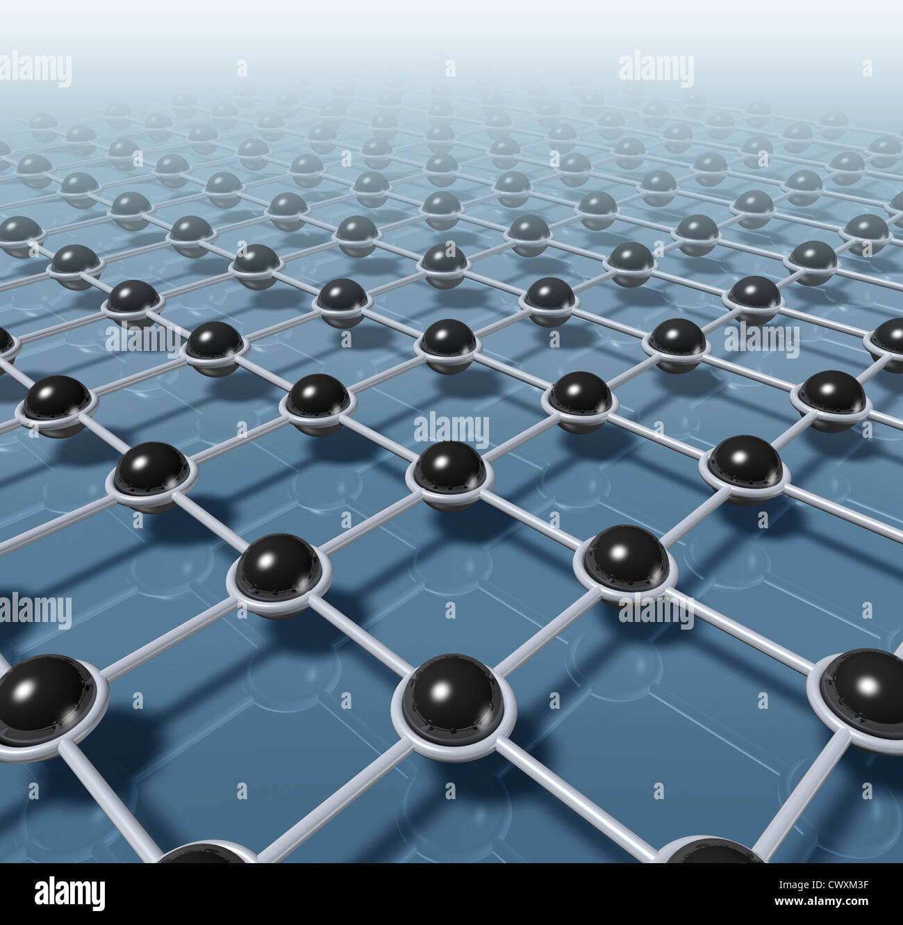 Netzwerk und Netzwerk-Technologie und Geschäft der Kommunikations-Konzept mit schwarzen Kugeln durch verbunden verbunden durch ein Bauwerk von Internet-Web-Muster, Teamwork und soziale Globaldaten Verteilung darstellt. Stockfoto