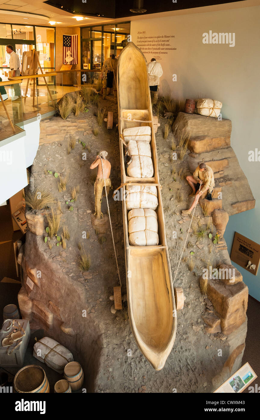 Flussende die Kanu-Ausstellung an der Lewis und Clark National Historic Trail Interpretive Center in Great Falls, Montana. Stockfoto