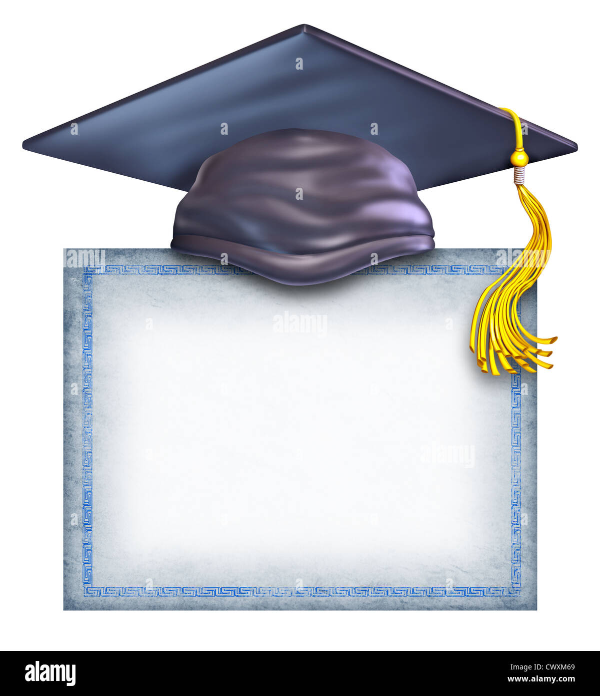 Graduation Hut mit einem leeren Diplom isoliert auf einem weißen Hintergrund als Symbol für eine Ausbildung-Bescheinigung über die Leistung und eine Auszeichnung vom University College oder High School Abschluss. Stockfoto