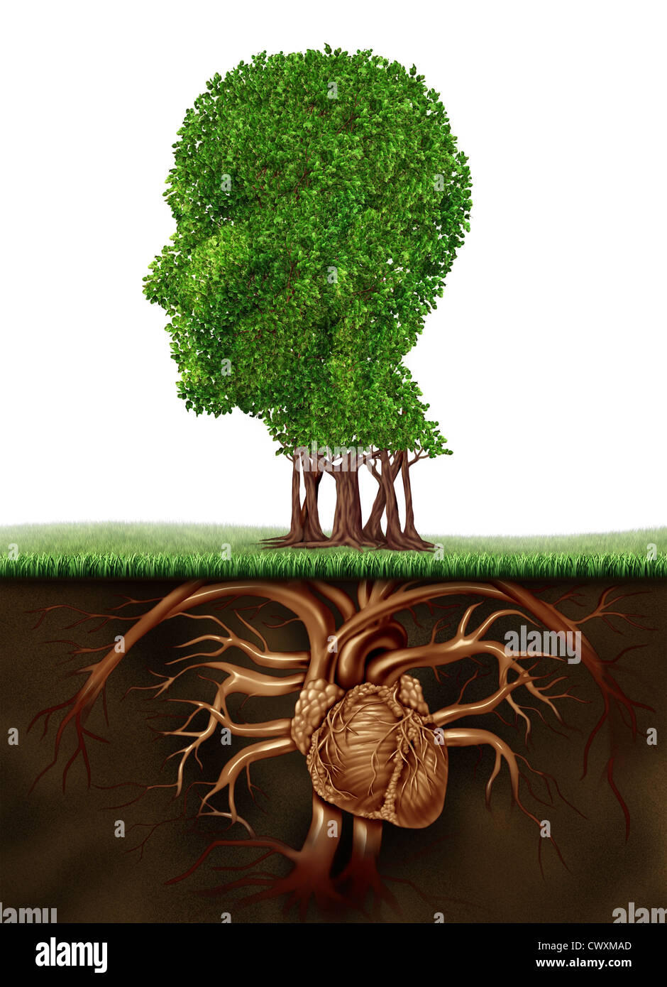 Organischen lebenden und gesunden Lifestyle-Konzept mit einem Baum in der Form eines menschlichen Kopfes und Wurzeln in Form von einem anatomischen Herz Organ repräsentiert eine vegetarisch leben, Essen Obst und Gemüse für eine wachsende Zahl. Stockfoto