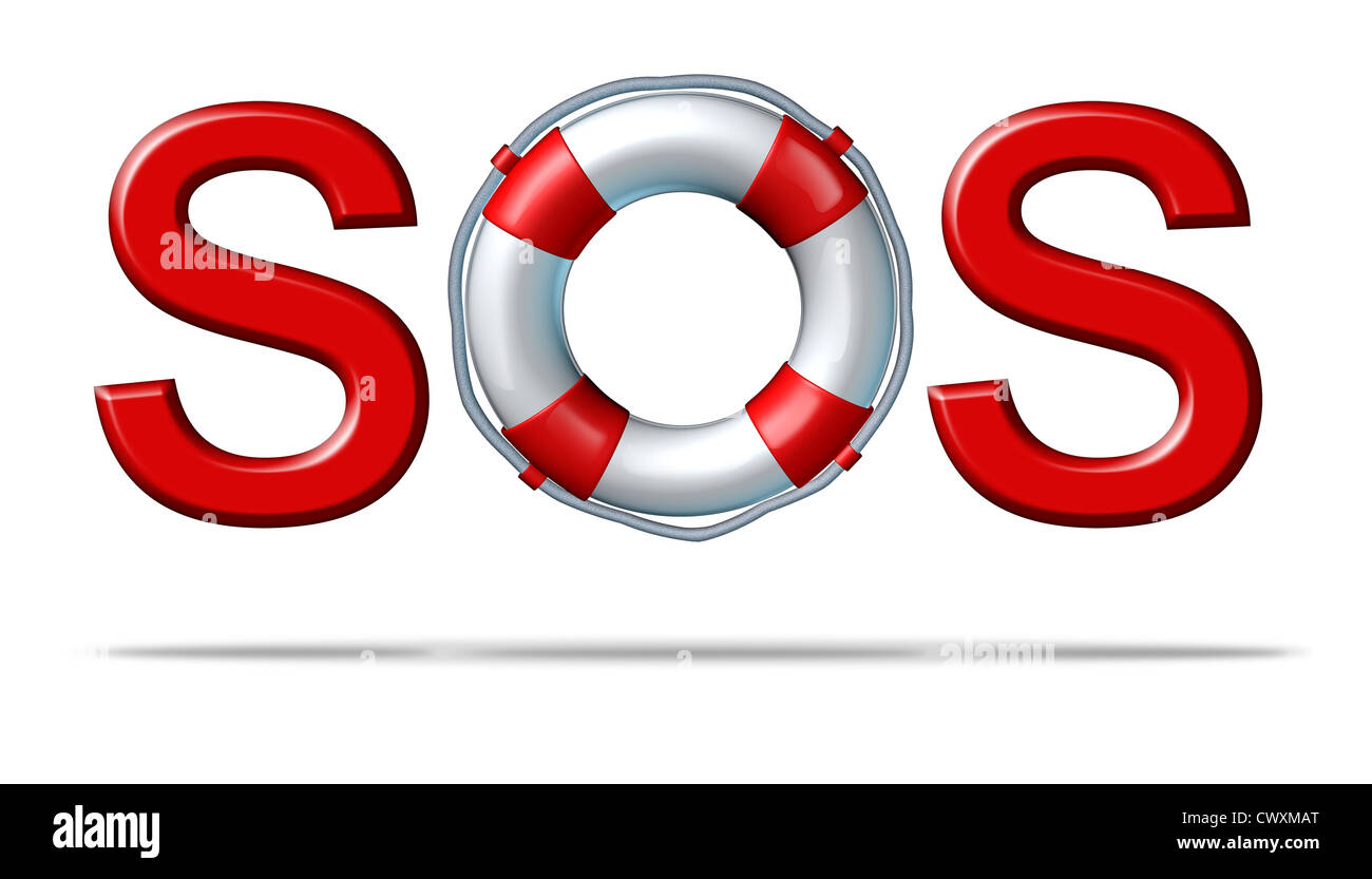 Hilfe SOS-Symbol mit einem Rettungsring als den Buchstaben o, Notdienste und Rettungshilfe Versicherung für Schutz und Sicherheit vor Gefahren auf einem weißen Hintergrund darstellt. Stockfoto