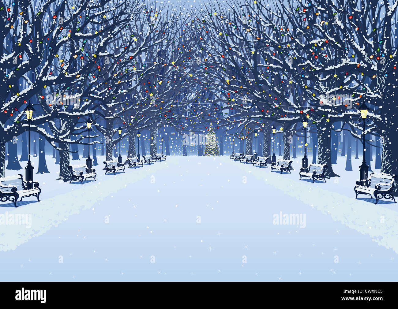 Allee der Bäume, Straßenlaternen und Bänke in einem verschneiten park Stockfoto