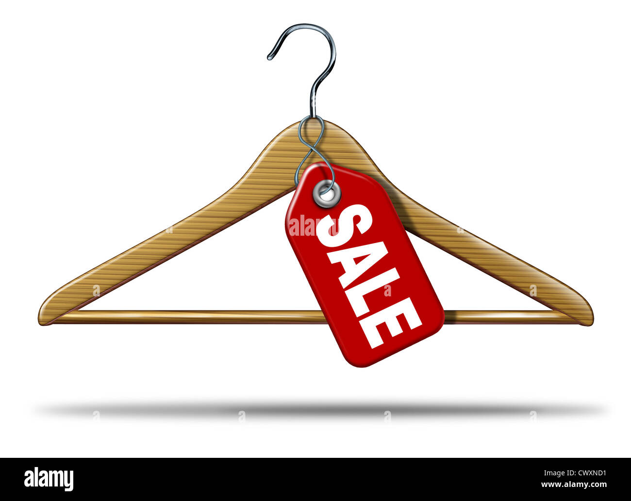 Bekleidung-Sale mit einem Kleiderbügel Kleidung und eine rote Preisschild hängen als ein Symbol der Einkaufsmöglichkeiten der Ware und eine Ikone der kommerziellen Industrie Textilgeschäft einen weißen Hintergrund. Stockfoto