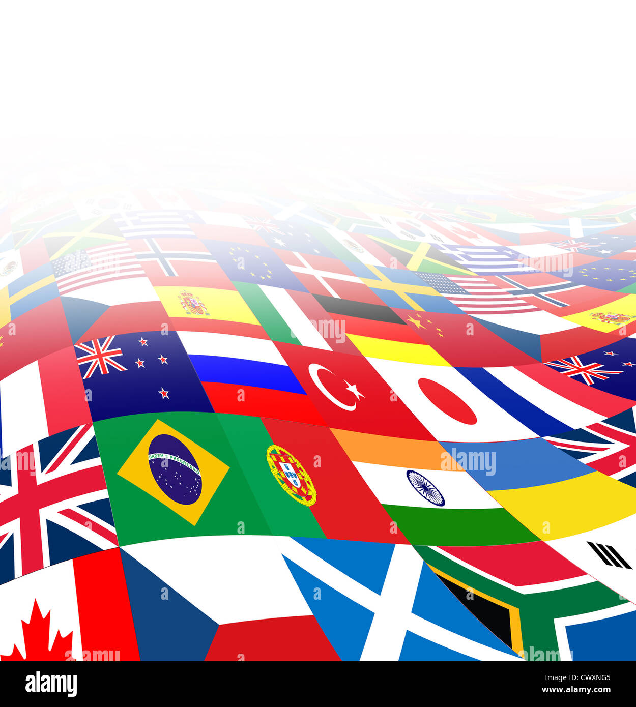 Internationale Business-Hintergrund mit Flaggen aus der ganzen Welt in drei dimensionale Perspektive als ein Symbol der globalen finanziellen Handel und Wirtschaft auf einem weißen Hintergrund. Stockfoto