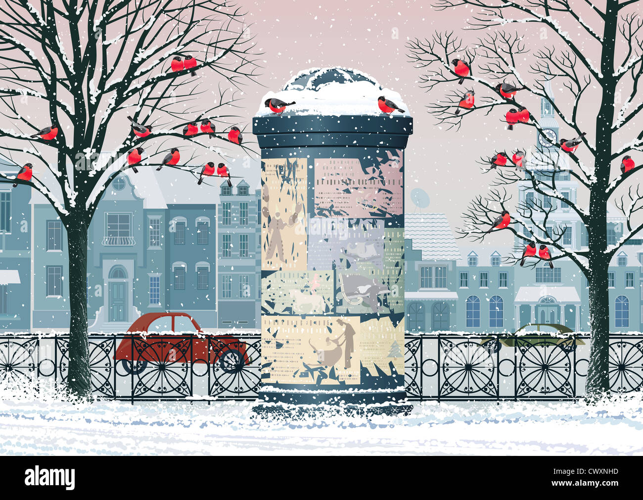 Winter-Stadtbild mit alten Litfaßsäule, Schwärme von Gimpel hocken auf den Bäumen und den Häusern im Hintergrund Stockfoto