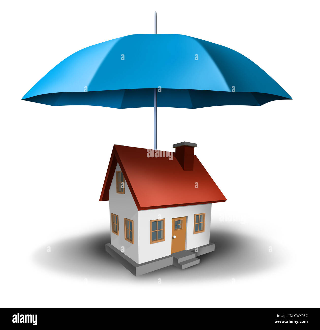 Immobilien Versicherungen und Immobilien Sicherheit mit einem Haus als Symbol für Wohn-Sicherheit von Hypothekenzahlungen oder Schäden auf einem weißen Hintergrund mit einem sicheren blauen Schirm geschützt wird. Stockfoto