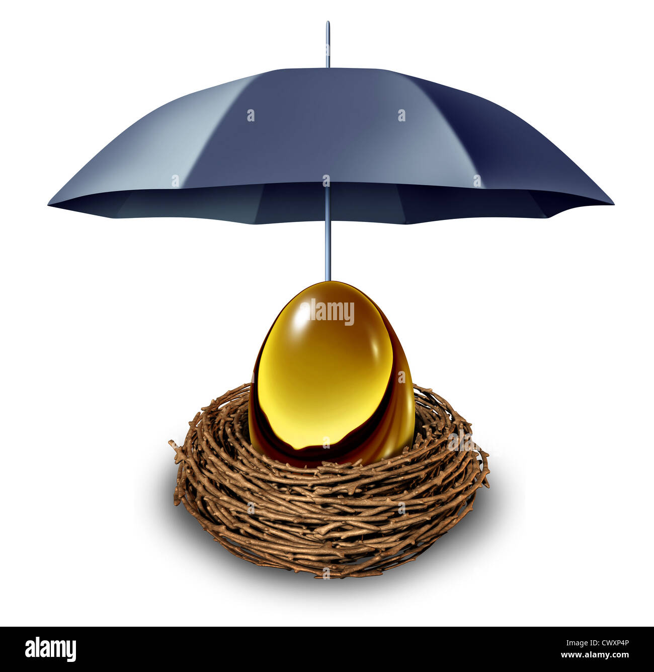 Finanzielle Sicherheit und Ruhestand finanzieren Versicherung Symbol mit einem goldenen Ei in einem Nest, geschützt durch einen schwarzen Regenschirm gegen unten wechseln sich in der Wirtschaft und als Steuersparmodell auf weißem Hintergrund. Stockfoto