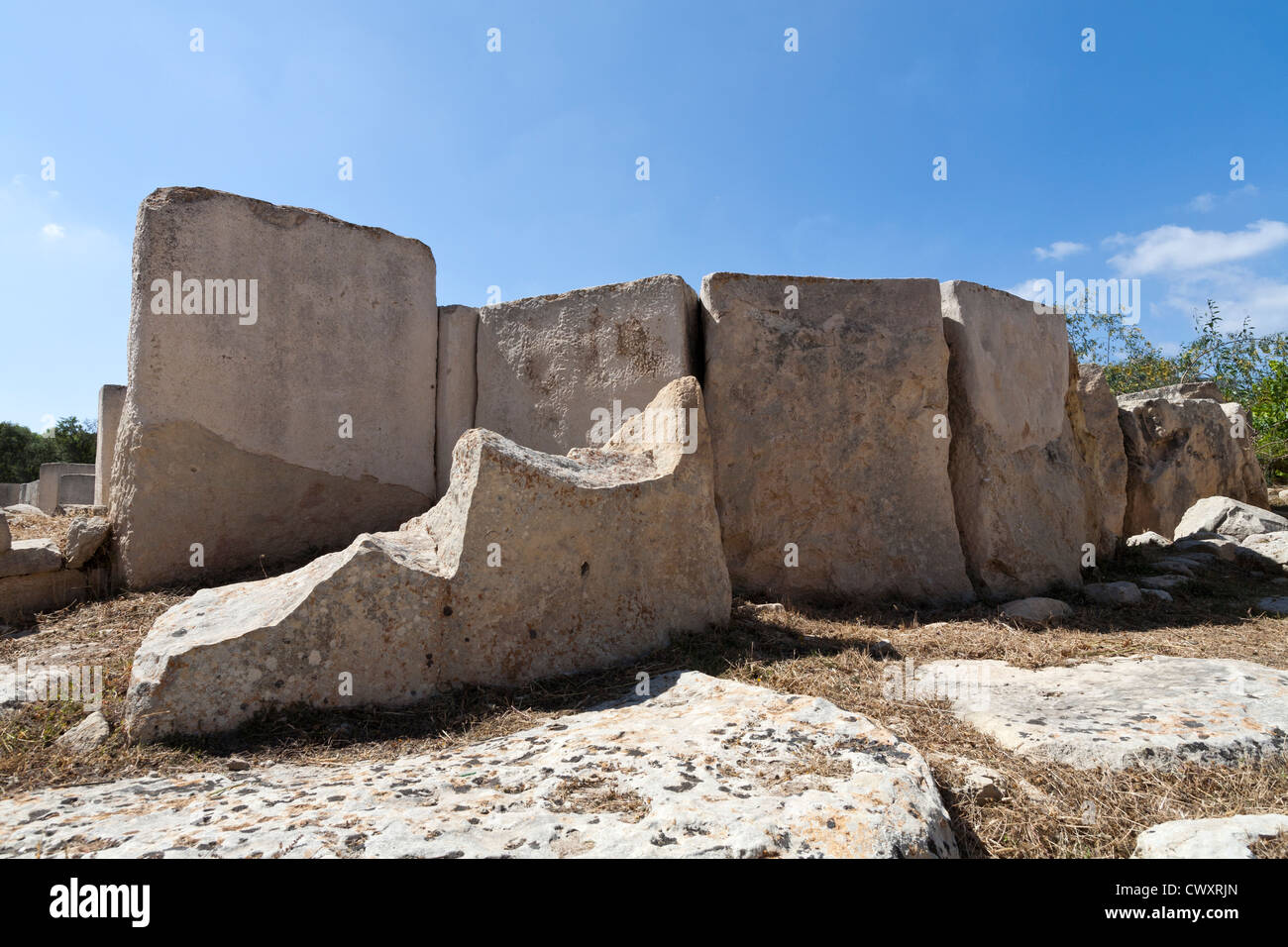 Große geschnitzte Blöcke auf die Tempel von Tarxien an neolithischen Temple Street, Tarxien, Insel Malta Mittelmeer gelegen Stockfoto