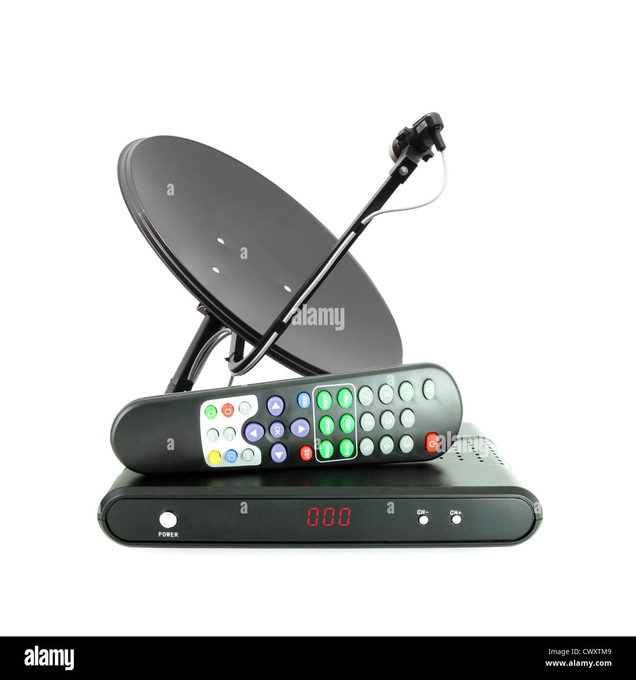 Satz von Receive Box remote und Parabolantenne auf weiß Stockfoto