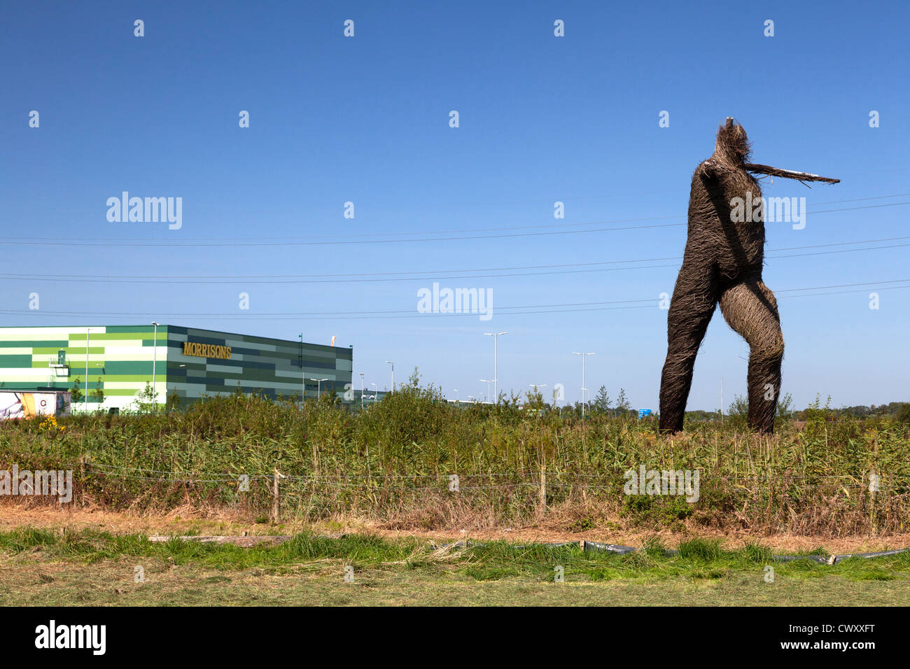 Die Willow Mann Skulptur neben Morrisons Distributionszentrum, Bridgwater, Somerset Stockfoto