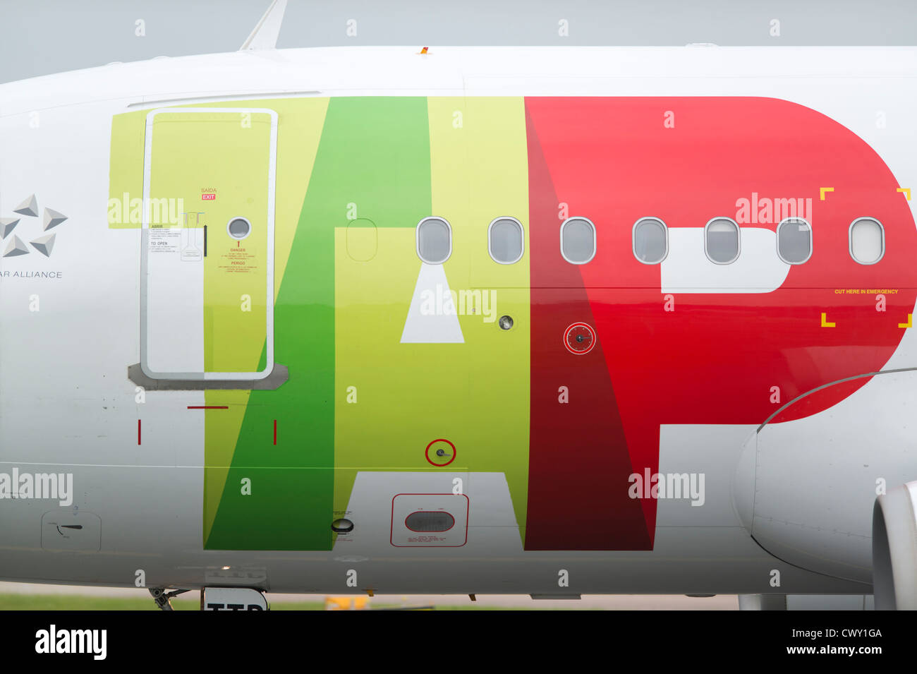 Eine Nahaufnahme von der TAP Portugal-Logo auf dem Rumpf ein Passagierflugzeug (nur zur redaktionellen Verwendung) Stockfoto