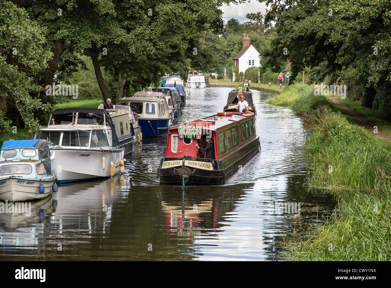 River Wey Navigation, Bootfahren zu senden, in der Nähe von Guildford, Surrey, England, UK. Europa Stockfoto