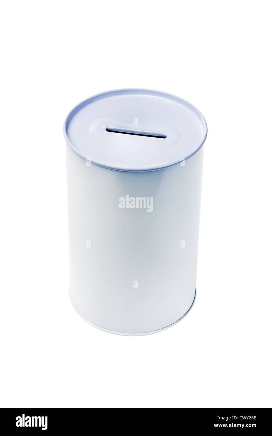 Leere Dose zum Speichern und Spende auf weißem Hintergrund Stockfoto