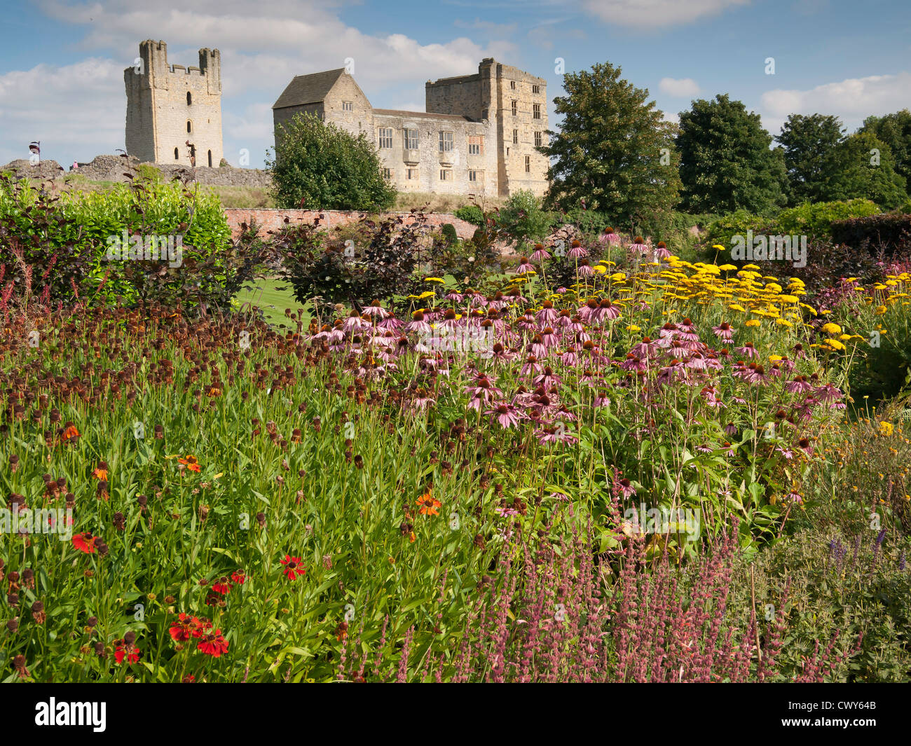 Helmsley Castle mit Blick auf den Helmsley Walled Garden mit einer Show von Sommerblumen Stockfoto