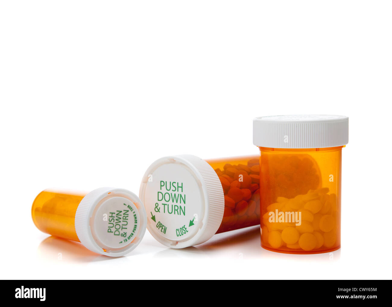 Verschiedene verschreibungspflichtige Pille Flaschen auf weißem Hintergrund Stockfoto