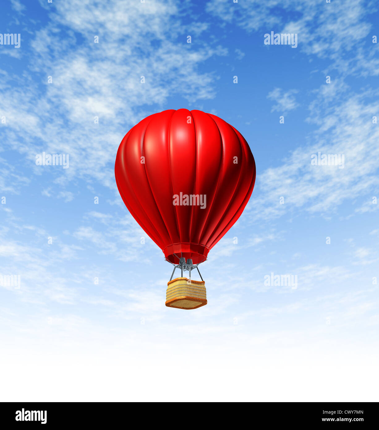 Heißluftballon fliegen bis in den Himmel steigen hoch als Symbol von Abenteuer und Freiheit auf einem blauen Hintergrund für Förderung Stockfoto