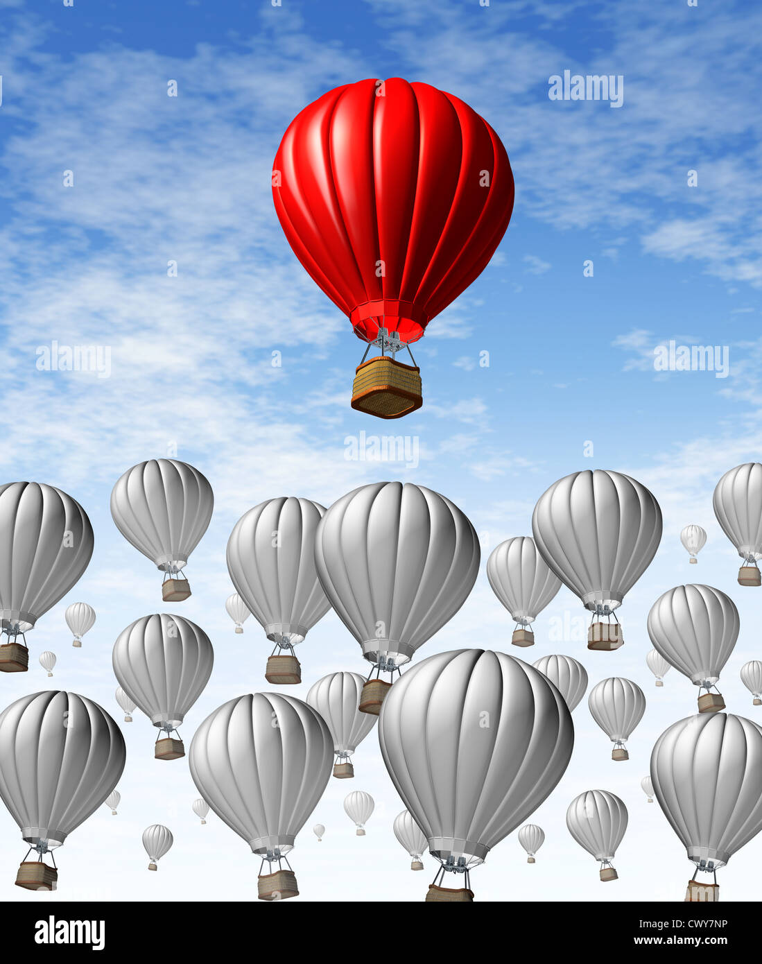 Steigen an die Spitze als Geschäfts- und finanzielle Symbol für den Erfolg mit einer Gruppe von grauen Heißluftballons und einen roten Ballon als das beste mit den meisten Potentioal für Wachstum vom Rest abheben. Stockfoto