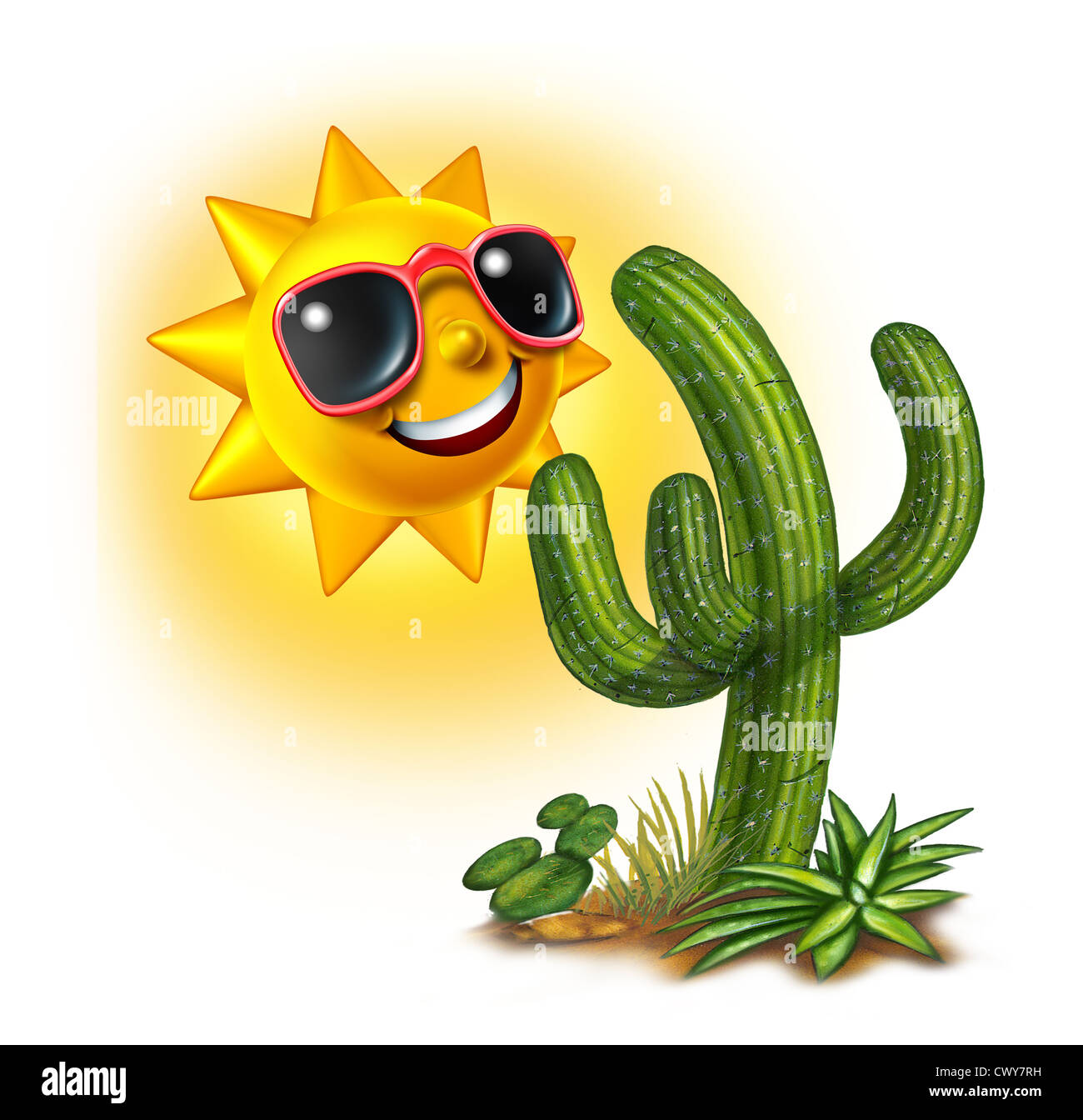 Kakteen und Sonne Charakter lächelnd und glücklich mit dunkler Brille als heißen tropischen Sommerspaß Konzept auf einem weißen Hintergrund. Stockfoto