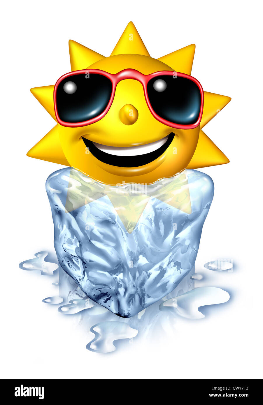 Erfrischung-Relief-Konzept mit heißen Urlaub Sommer Sonne Charakter in einem gefrorenen kalt Eisblock schmelzen als ein gekühltes abkühlen Stockfoto