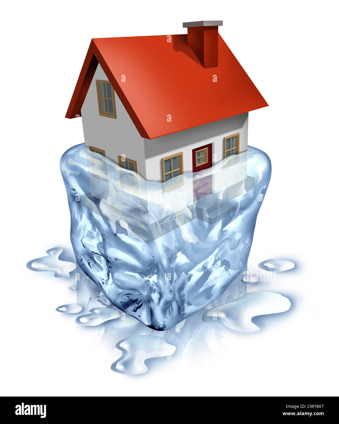 Immobilien-Erholung-Symbol mit einem Haus in schmelzendem Eis als eine Gehäuse-Konzept zur Verbesserung der Käufer und Verkäufer Hauswirtschaft mit d Stockfoto