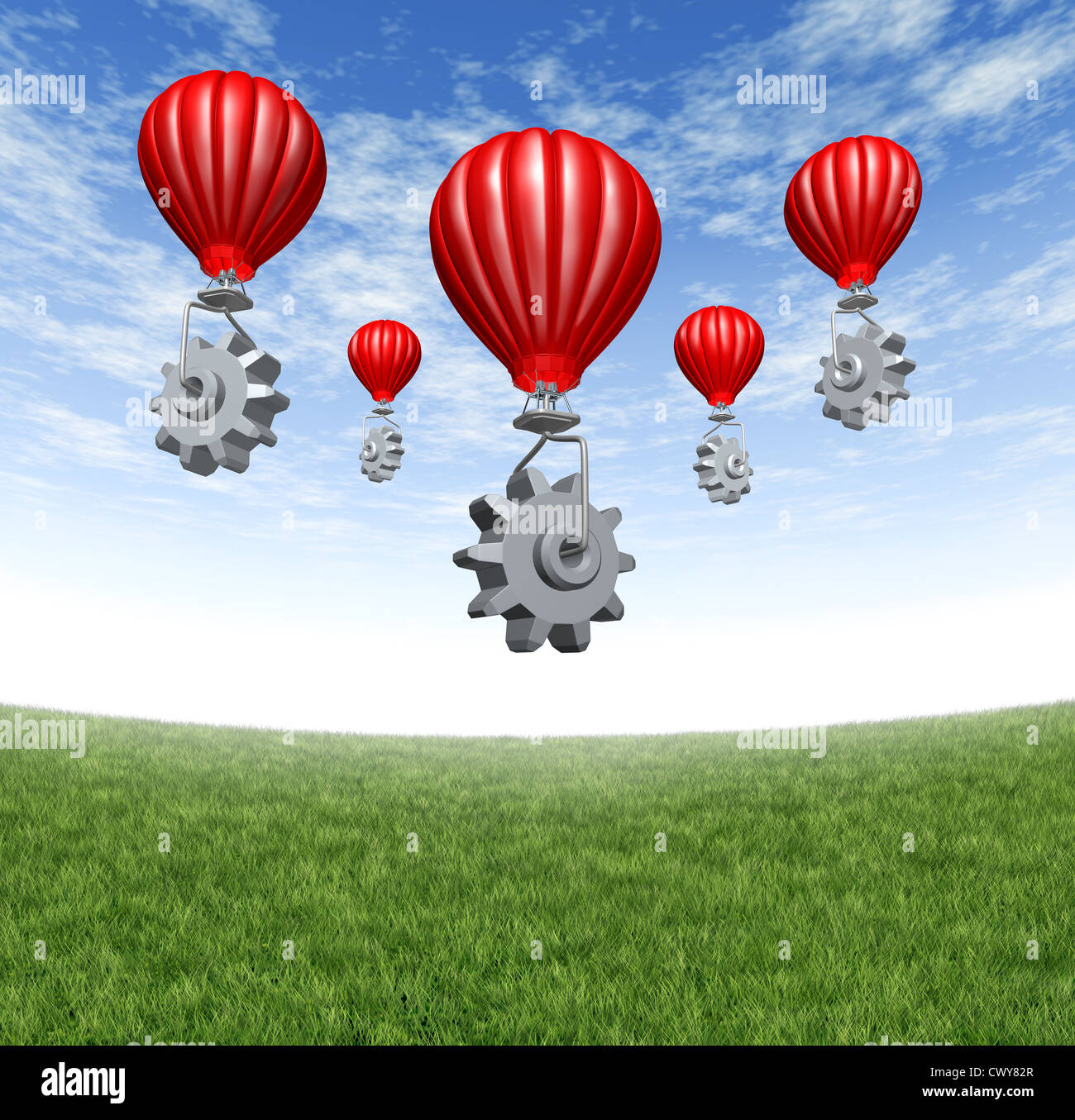 Internet-Cloud-Netzwerk mit roten Heißluftballons heben Getriebe und Zahnräder bis in den Himmel als ein Mobilitätskonzept Technologie Stockfoto