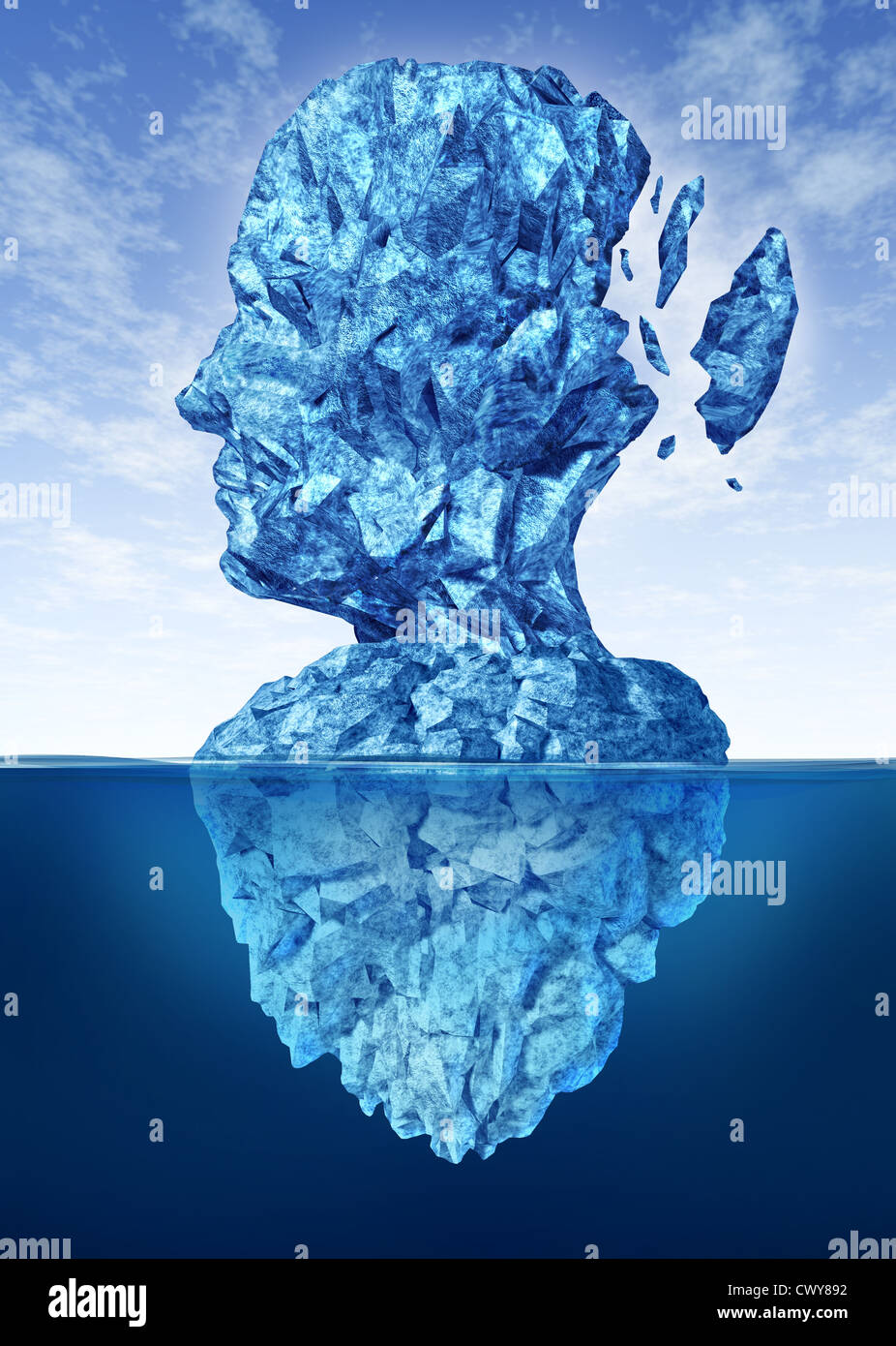 Gedächtnisverlust aufgrund von Demenz und Alzheimer-Krankheit mit dem medizinischen Symbol eines Eisbergs gefrorene Gletscher in der Form eines Menschen er Stockfoto