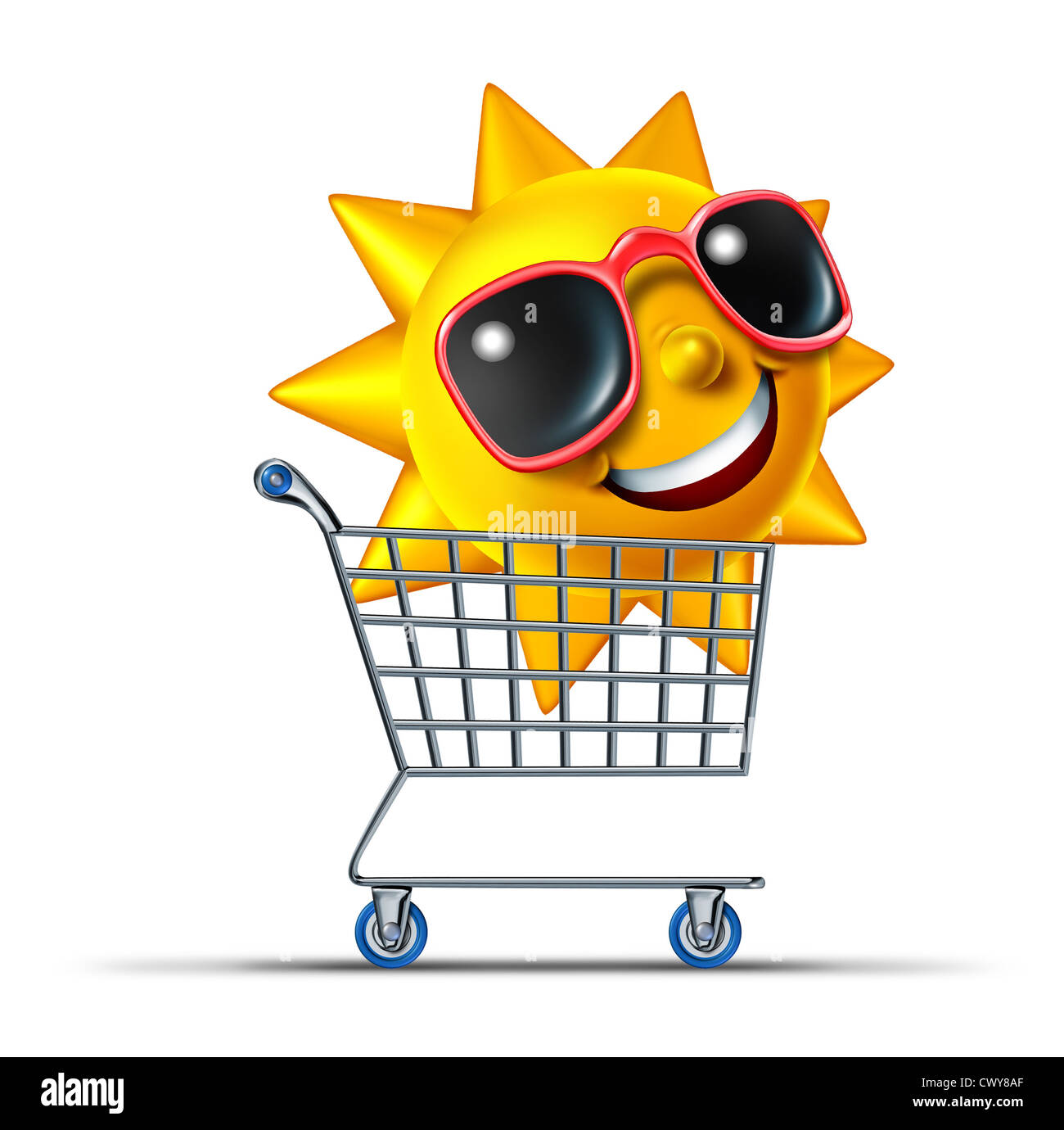 Urlaub Tourismus Geschäftskonzept mit einem shopping Cart und ein lustiges Sommer Sonne Charakter mit Sonnenbrille, ein beliebtes Ziel für Erholung und Freizeit Reisen Rest als Symbol des Internet Reisen buchen. Stockfoto