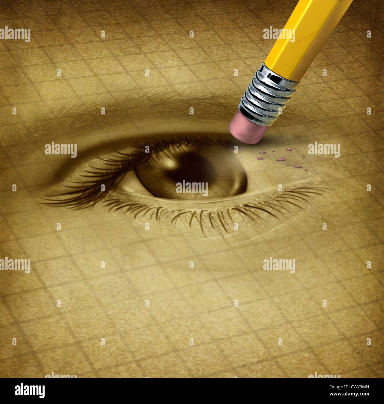 Vision Verlust Ad verlieren Augenlicht medizinische Gesundheitsversorgung Konzept mit einem menschlichen Anblick Organ durch einen Bleistift als Symbol gelöscht werden Stockfoto