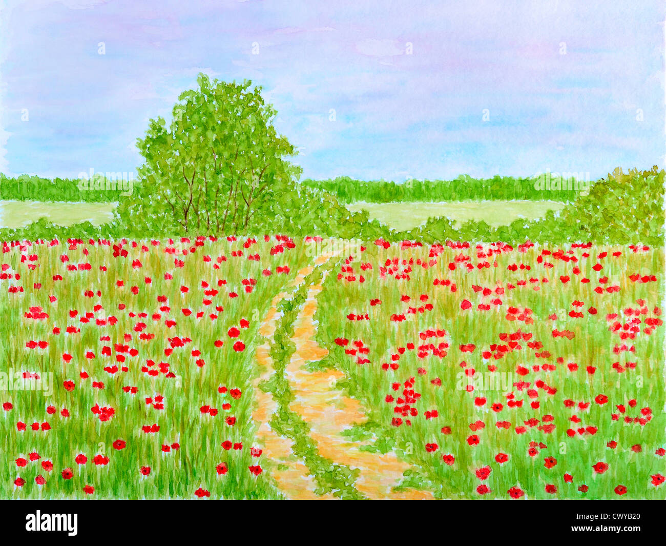 Land Sommer Blumen Wiese Landschaft Aquarell gezeichnet Stockfoto