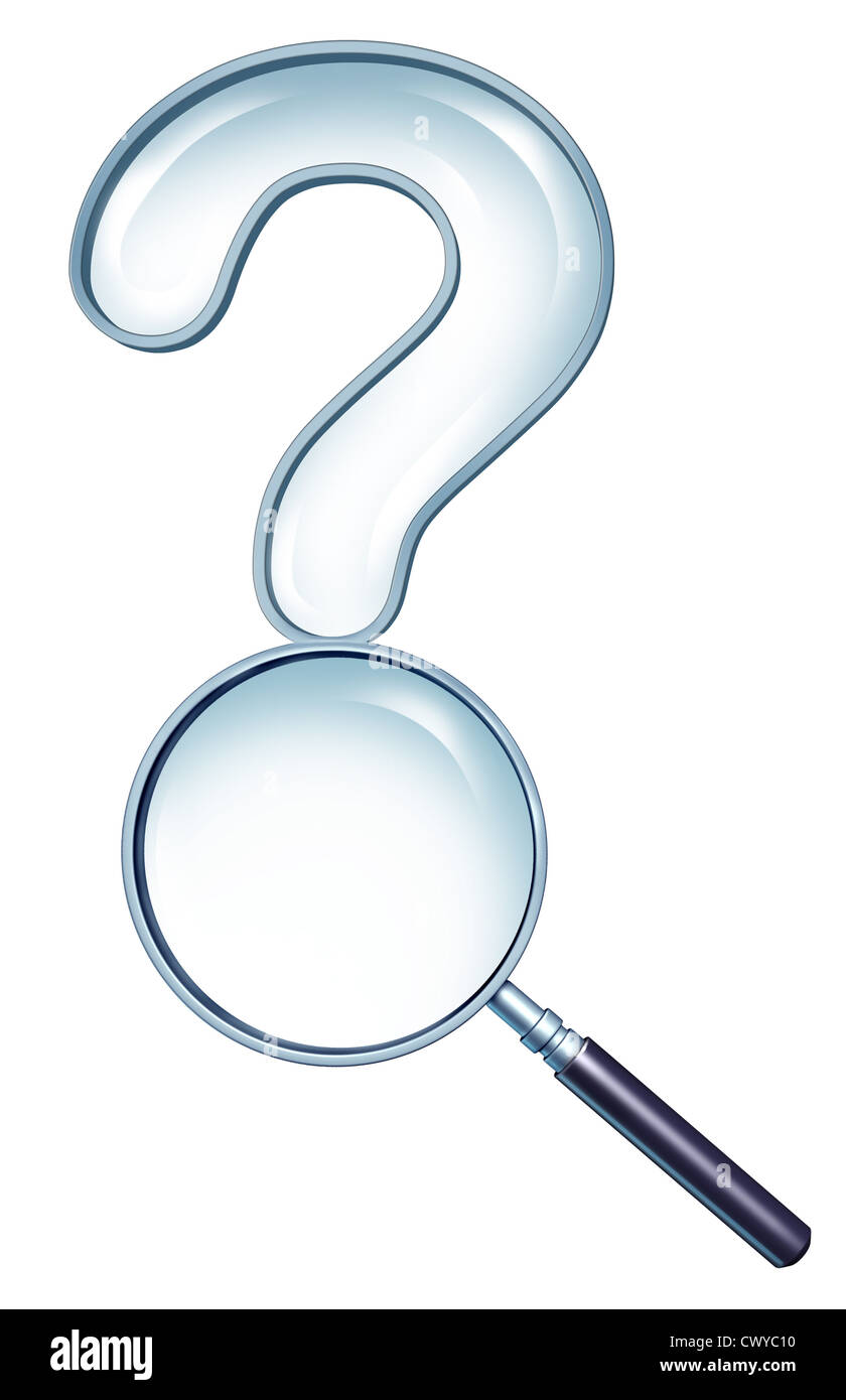 Auf der Suche nach Lösungen und Planung einer Strategie mit der Frage, dass Fragen mit einem Fragezeichen als Symbol Geschäft näher Lupe geformt look mit Marktforschung und Analyse. Stockfoto