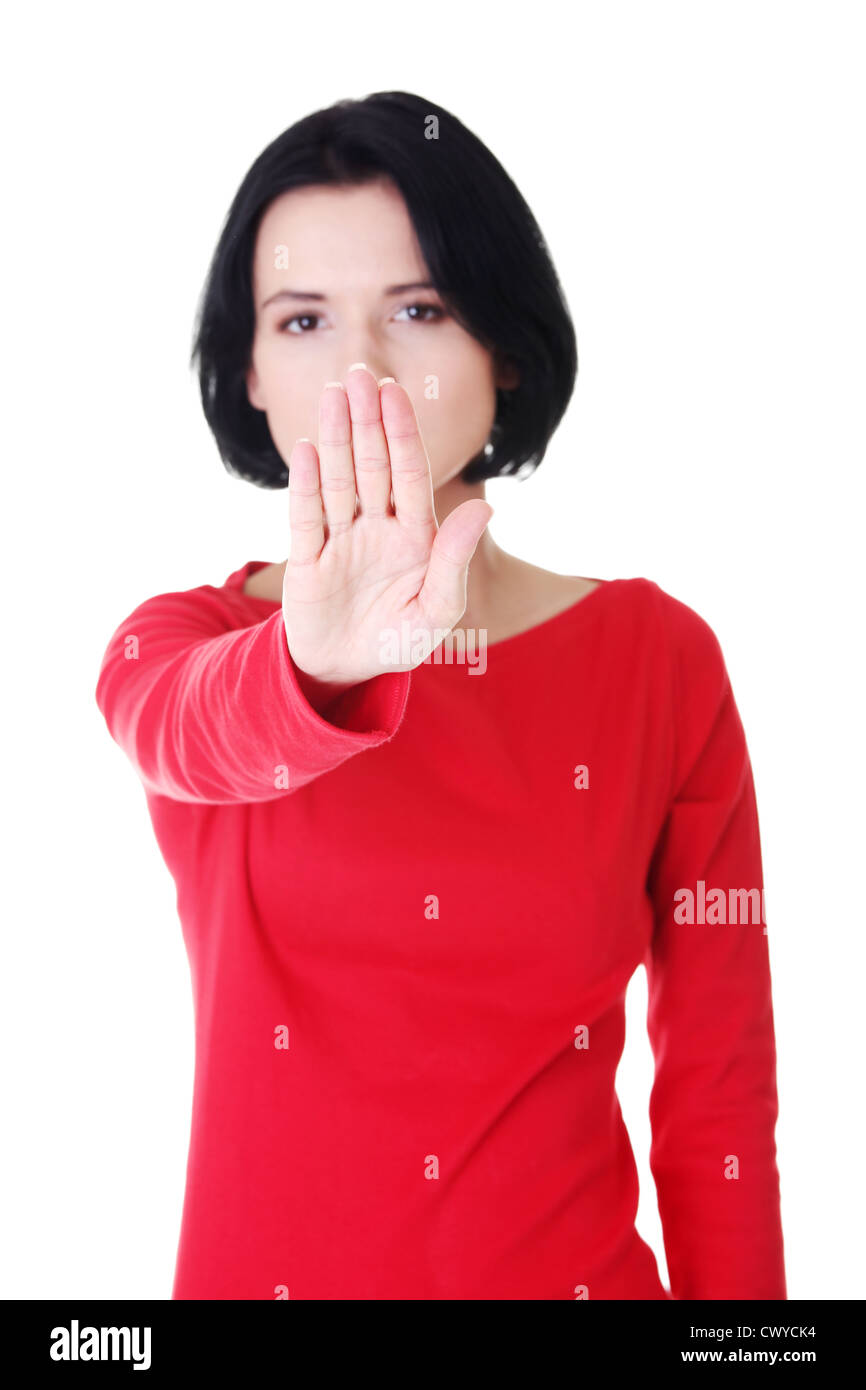 Selbstbewusste Frau Stop Geste mit der Hand zu singen Stockfoto