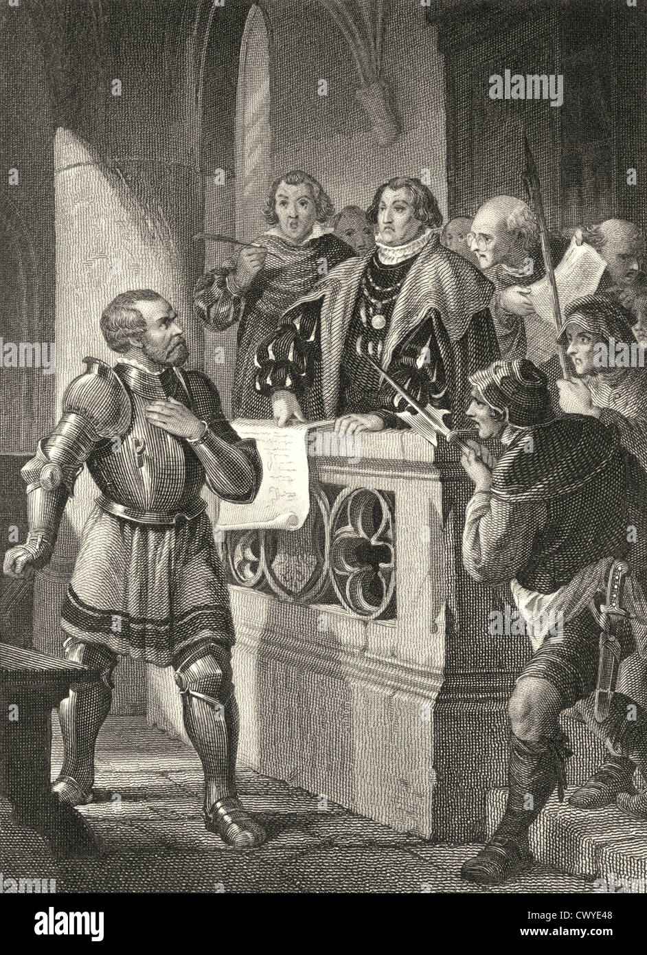 Ritter Gottfried von Berlichingen Zu Hornberg vor Gericht, Heilbronn, Goetz von Berlichingen, Johann Wolfgang von Goethe Stockfoto