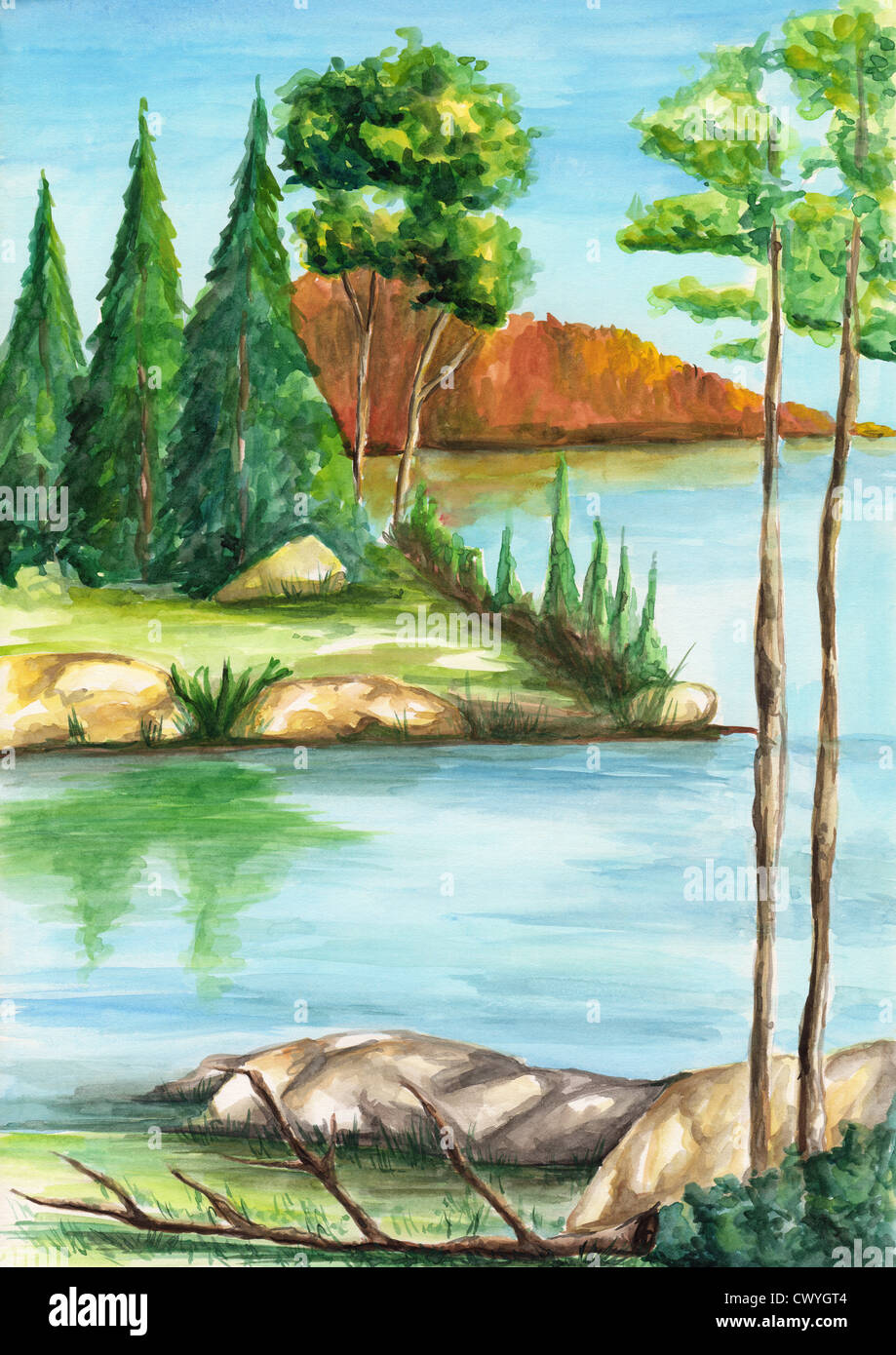 Aquarell-Landschaftsmalerei auf Kunstdruckpapier Stockfoto