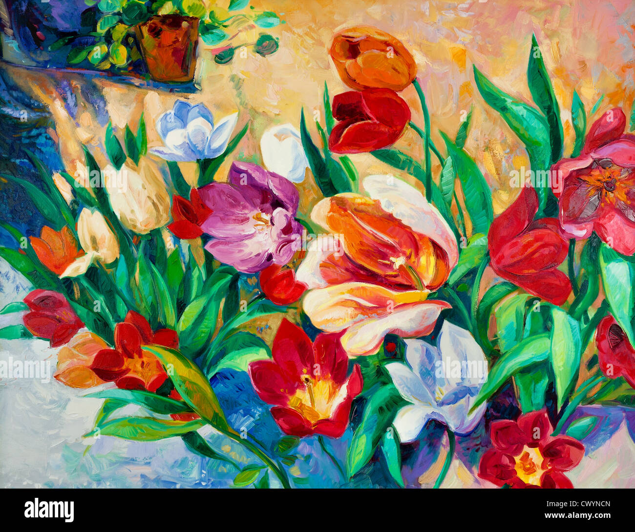 Original Ölgemälde schöne Vase oder Schale mit frischen Blumen. auf Leinwand. Moderne Impressionismus Stockfoto