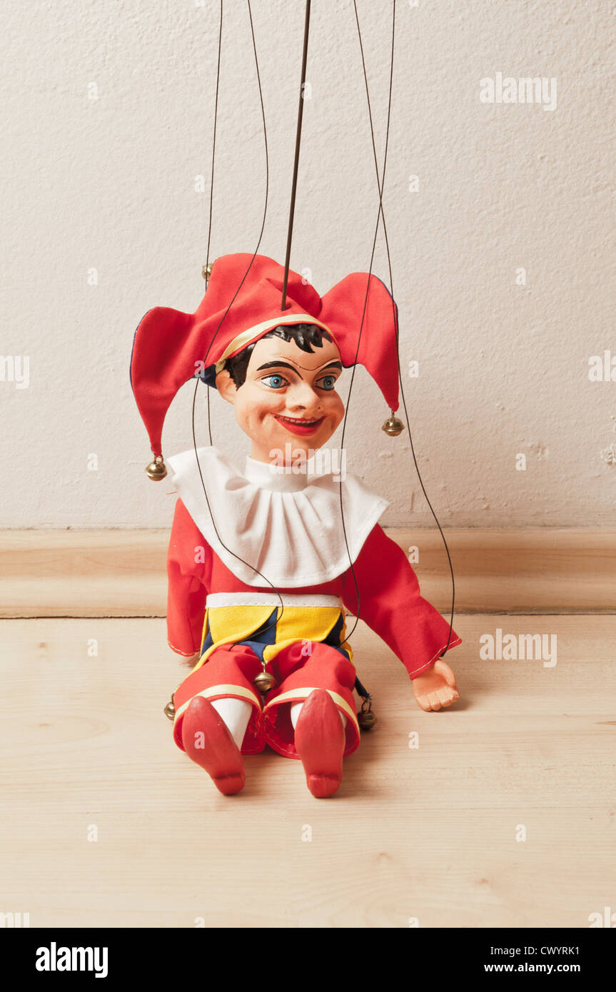 Jester oder Joker hölzerne Marionette, traditionell als Kasparek, in der Tschechischen Republik Stockfoto