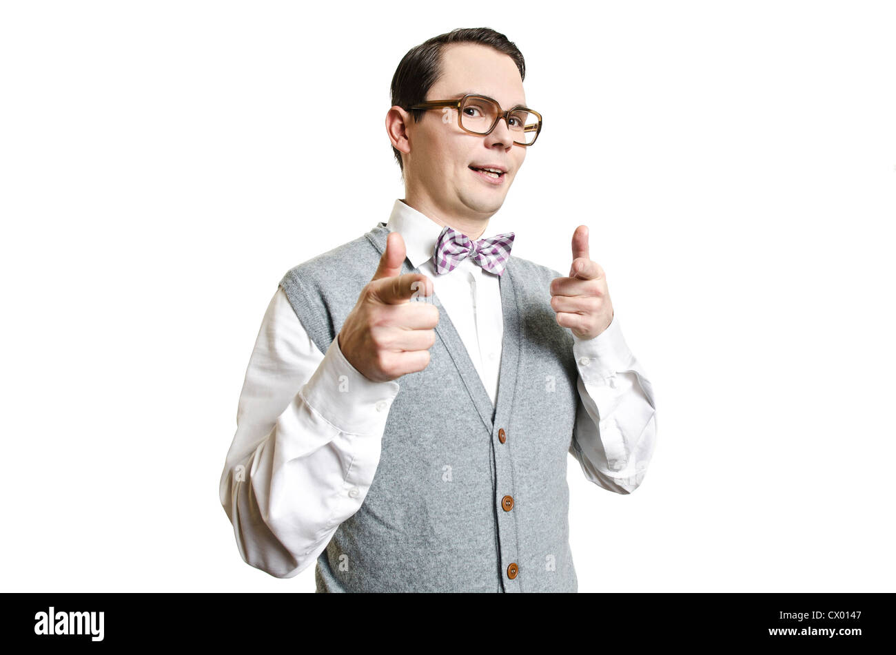 Mann mit Brille gestikulieren Stockfoto