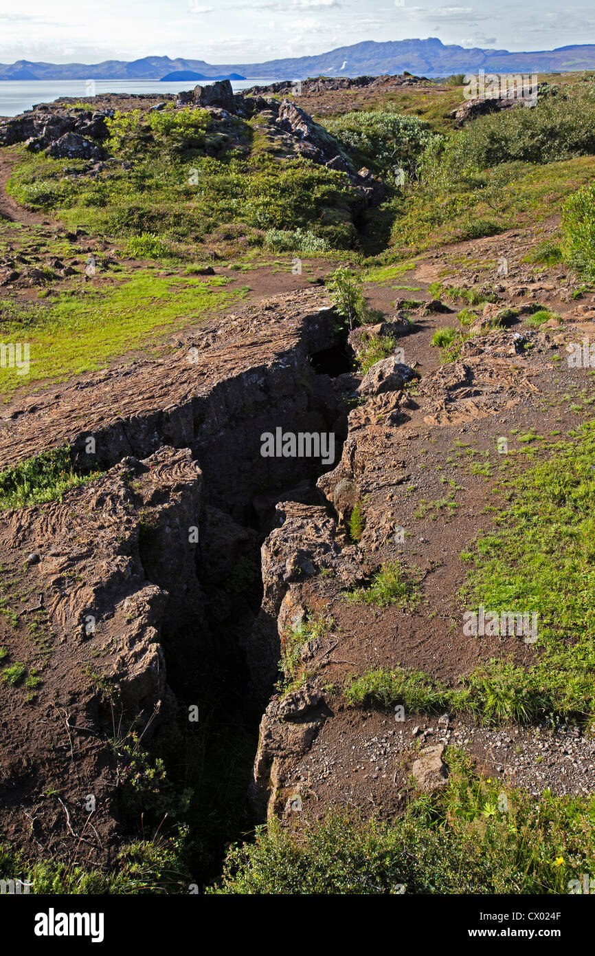Ein Kontinentaldrift Riss zwischen der nordamerikanischen und der euroasiatischen tektonischen Platten, Nationalpark Þingvellir, Island Stockfoto